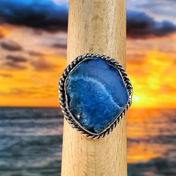 Blue Agate Gemstone Sterling Silver Plated Ring Size 9 - Picture 3 of 10